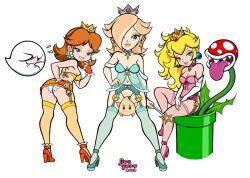 3girls arched_back bare_shoulders bent_over between_legs blonde_hair blue_eyes blush boo_(mario) bra breasts brooch brown_hair cleavage closed_mouth crown earrings elbow_gloves finger_to_mouth fingerless_gloves flipped_hair flower_earrings frilled_gloves frills garter_belt gloves hair_over_one_eye half-closed_eyes hand_between_legs hand_between_thighs hand_on_own_hip highres jewelry jiveguru lace lace_bra lace_trim lingerie long_hair looking_at_viewer luma_(mario) mario_(series) multiple_girls naughty_face navel negligee nintendo off_shoulder panties pendant_choker piranha_plant princess princess_daisy princess_peach rosalina seductive_smile sidelocks silver_crown simple_background sitting smile sphere_earrings standing star_(symbol) star_brooch star_earrings thighhighs thighs underwear white_background white_gloves