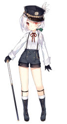 1girl anchor_symbol black_gloves blue_boots blue_eyes blue_hat blue_shorts boots buttons closed_mouth feathers female_focus gloves hairband hat holding holding_staff long_sleeves looking_at_viewer low_ponytail neck_ribbon official_art peaked_cap ponytail red_eyes red_ribbon ribbon saru shirt shorts side_ponytail simple_background sleeves_rolled_up solo staff standing suspender_shorts suspenders tassel thighs vittorio_veneto_(warship_girls_r) warship_girls_r white_background white_hair white_shirt
