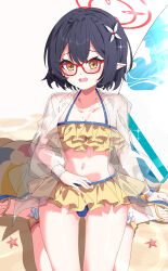 1girl absurdres alternate_costume ayane_(blue_archive) bikini black_hair blue_archive blush cameltoe chinese_commentary collarbone commentary frilled_bikini frills hair_ornament halo highres hua-huahua jacket looking_at_viewer open_mouth pointy_ears red_halo see-through_clothes see-through_jacket short_hair sitting slippers solo swimsuit thighs wariza yellow_bikini yellow_eyes