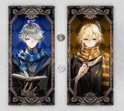 2boys ahoge alhaitham_(genshin_impact) black_coat black_vest blonde_hair blue_background blue_scarf book coat collared_shirt feather_hair_ornament feathers genshin_impact green_eyes green_hair grey_hair hair_ornament hand_up harry_potter_(series) highres hogwarts_school_uniform holding holding_book holding_wand hufflepuff ichigawa_(lethe) jewelry kaveh_(genshin_impact) light_smile male_focus multiple_boys one_eye_closed ravenclaw red_eyes ring scarf school_uniform shirt vest wand white_shirt wizarding_world yellow_background yellow_scarf