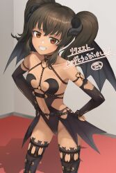 Rule 34 | 1girl, anise tatlin, black hair, black thighhighs, breasts, brown eyes, clothing request, fake horns, fake wings, grin, hand on own hip, horns, long hair, looking at viewer, navel, rourou ill, shadow, small breasts, smile, solo, stomach, tales of (series), tales of the abyss, thighhighs, twintails, wings