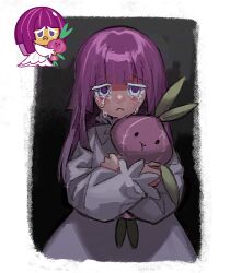 1girl :&lt; black_background blunt_bangs blunt_ends border closed_mouth colored_eyelashes commentary_request cookie_run crying crying_with_eyes_open dress frilled_sleeves frills frown holding holding_stuffed_toy hugging_object humanization korean_commentary long_hair long_sleeves mikan_(migwang) multicolored_eyes official_art_inset onion_cookie puffy_long_sleeves puffy_sleeves purple_eyes purple_hair raised_inner_eyebrows reference_inset simple_background solo straight-on straight_hair stuffed_toy tears two-tone_eyes upper_body white_border white_dress white_eyelashes white_eyes