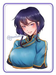 1girl absurdres artist_name black_hair blue_tunic blush closed_mouth cosplay costume_switch fire_emblem fire_emblem:_genealogy_of_the_holy_war hair_between_eyes highres larcei_(fire_emblem) looking_at_viewer nintendo purple_eyes short_hair sidelocks signature simple_background solo tunic twitter_username upper_body white_background yumikari07