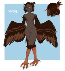 Rule 34 | 1girl, absurdres, animal ears, bird ears, bird legs, blue background, breasts, brown feathers, brown hair, brown wings, commentary, dark-skinned female, dark nipples, dark skin, english commentary, feathered wings, feathers, hair ornament, hairclip, highres, looking at viewer, multiple views, nipples, nude, orange eyes, original, parted bangs, pussy, small breasts, smile, talons, two-tone background, uncensored, unreal fish, white background, winged arms, wings