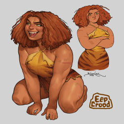 1girl absurdres all_fours animal_skin_dress bite_mark blanclauz cavewoman character_name crossed_arms dirty eep_crood freckles green_eyes grey_background highres kneeling long_hair messy_hair multiple_views open_mouth orange_hair scar signature simple_background teeth the_croods