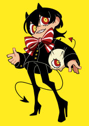1girl absurdres black_coat black_hair bow bowtie coat creature demon_girl demon_horns demon_tail full_body high_heels highres horns looking_at_viewer medium_hair momomo_906 multicolored_eyes original red_bow red_bowtie red_eyes sharp_teeth simple_background solo standing tail teeth yellow_background yellow_eyes