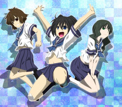 3girls black_hair black_rock_shooter black_socks blue_eyes blue_sailor_collar blue_skirt brown_eyes brown_hair green_eyes green_hair highres jumping koutari_yuu kuroi_mato medium_hair multiple_girls pleated_skirt sailor_collar school_uniform serafuku short_hair short_twintails skirt socks takanashi_yomi twintails watarui white_socks