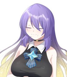 Rule 34 | 1girl, black choker, blonde hair, breasts, choker, closed eyes, commentary, earrings, eyes visible through hair, gradient hair, highres, hololive, hololive indonesia, jewelry, large breasts, long hair, moona hoshinova, moona hoshinova (1st costume), multicolored hair, purple hair, shirt, sleeveless, sleeveless shirt, smile, solo, sussyjoe 08, upper body, virtual youtuber