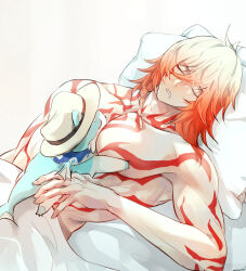1boy arm_tattoo bed_sheet blonde_hair braid bubbles_(honkai:_star_rail) chest_tattoo chimera_(honkai:_star_rail) closed_eyes commentary_request creature drooling facial_tattoo gradient_hair hair_between_eyes highres holding holding_creature honkai:_star_rail honkai_(series) lying makaretaiyo male_focus medium_hair multicolored_hair mydei_(honkai:_star_rail) on_back pillow red_hair red_tattoo side_braid simple_background sleeping solo tattoo white_background