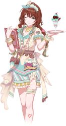 aketa_mikoto bag bow breasts buttons cherry chocolate cleavage cup drinking_glass earrings english_text facial_tattoo food fruit grey_eyes hair_ornament hairclip handbag headdress heart holding ice_cream idolmaster idolmaster_shiny_colors idolmaster_shiny_colors_song_for_prism jewelry low_twin_braids official_art one_eye_closed plate polka_dot red_hair scarf tattoo transparent_background twin_braids waitress wine_glass wrist_cuffs