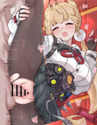1boy 1girl :o absurdres alice_thymefield animal_ears bar_censor black_skirt blonde_hair blush breasts censored daram_(shappydude) fingerless_gloves gloves hand_on_own_leg heart hetero highres indoors large_breasts long_hair open_mouth orange_eyes pantyhose penis pleated_skirt sex shirt skirt split spoken_heart standing standing_on_one_leg standing_sex standing_split sweat teeth torn_clothes torn_pantyhose upper_teeth_only vaginal white_shirt zenless_zone_zero