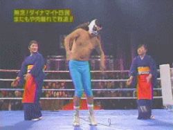 1boy 2girls animated animated_gif dancing dynamite_shikoku japanese_clothes jumping lowres multiple_girls obi off-topic photo_(medium) sash what wrestler wrestling wrestling_ring