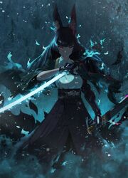 1girl animal_ear_fluff animal_ears aqua_jacket black_hair black_necktie black_skirt blunt_bangs dress_shirt fingerless_gloves fire floating_hair fox_ears fox_girl gloves green_jacket high-waist_skirt highres holding holding_sword holding_weapon hoshimi_miyabi jacket katana long_hair looking_at_viewer midfinger necktie red_eyes shirt single_fingerless_glove skirt solo sword weapon zenless_zone_zero