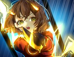 1girl :o brown_eyes brown_hair electricity glowing green_eyes hair_between_eyes hair_ornament hairclip highres holding looking_at_viewer nogiro_(usa_ru) open_mouth shiromaru_mito short_hair solo upper_body world_dai_star