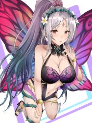 1girl animal_print black_one-piece_swimsuit breasts butterfly_print butterfly_wings casual_one-piece_swimsuit cleavage crown_of_thorns diamond_facial_mark facial_mark fairy_wings fire_emblem fire_emblem_heroes flower flower_necklace forehead_mark grey_hair hair_flower hair_ornament high_heel_sandals highres insect_wings jewelry large_breasts long_hair navel necklace nenemu0 nintendo official_alternate_costume one-piece_swimsuit plumeria_(fire_emblem) plumeria_(summer)_(fire_emblem) pointy_ears ponytail red_eyes swimsuit thorns wings