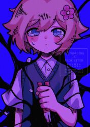 Rule 34 | 1boy, basil (faraway) (omori), basil (omori), blonde hair, blue background, blue eyes, blush, closed mouth, collared shirt, crying, crying with eyes open, double-parted bangs, flower, gardening shears, green sweater vest, hair flower, hair ornament, imo mo 0, looking at viewer, male focus, omori, shirt, short sleeves, simple background, solo, something (omori), spoilers, sweater vest, tears, upper body, white shirt