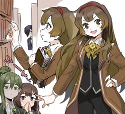 Rule 34 | 2boys, 2girls, ahoge, black pants, black vest, blue eyes, book, bow, bowtie, brown eyes, brown hair, collared shirt, green hair, hair bun, hair ornament, hairband, hairclip, hod (project moon), holding, holding book, library of ruina, long hair, long sleeves, looking at viewer, malkuth (project moon), medu (rubish), multiple boys, multiple girls, multiple views, netzach (project moon), open mouth, pants, project moon, purple hair, red hairband, shirt, simple background, solo focus, standing, upper body, very long hair, vest, white background, white shirt, yellow bow, yellow bowtie, yellow brooch, yesod (project moon)