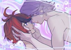 absurdres ahoge aotsuki_eito black_hair blue_eyes fingernails glasses highres lips looking_at_another looking_down looking_up messy_hair red_eyes red_hair sumino_takumi the_hundred_line_-last_defense_academy- topless_male white_hair yaoi