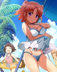 Rule 34 | 3girls, :d, beach umbrella, bikini, blue bikini, blue sky, blush stickers, bottle, bottle to cheek, bow, breasts, brown hair, camisole, cleavage, closed eyes, day, groin, hair bow, hand to own mouth, highres, hiroki (yyqw7151), holding, holding bottle, holding swim ring, innertube, laughing, light brown hair, long hair, looking at viewer, medium breasts, mikakunin de shinkoukei, mitsumine mashiro, multiple girls, navel, one-piece swimsuit, open mouth, outdoors, palm tree, parted bangs, pink one-piece swimsuit, purple eyes, red hair, running, sky, smile, standing, swim ring, swimsuit, tree, two side up, umbrella, very long hair, white bikini, white bow, yonomori benio, yonomori kobeni