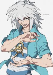 Rule 34 | 1boy, blue jacket, brown eyes, dice, grey background, grey hair, holding, holding dice, jacket, looking ahead, lunapont, male focus, millennium ring, open mouth, shirt, simple background, striped background, striped clothes, striped shirt, teeth, twitter username, upper body, yami bakura, yu-gi-oh!, yu-gi-oh! duel monsters