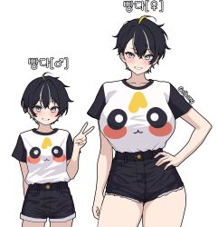 1boy 1girl absurdres animal_print artist_name bear_print black_hair black_shorts blonde_hair collarbone golbang grey_eyes hand_on_own_hip height_difference high-waist_shorts highres indie_virtual_youtuber mars_symbol multicolored_hair multicolored_shirt panda_print shirt short_hair short_sleeves shorts smile streaked_hair translation_request v venus_symbol white_hair white_shirt