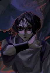 1boy black_eyes black_hair black_veil blunt_ends empty_eyes eyeliner eyeshadow genshin_impact glaring highres holding_veil japanese_clothes kariginu kimono layered_clothes layered_kimono layered_sleeves looking_at_viewer makeup male_focus parted_lips purple_kimono purple_sash purple_sleeves red_eyeliner red_eyeshadow sash scaramouche_(genshin_impact) scaramouche_(kabukimono)_(genshin_impact) short_sleeves shoulder_sash si_yam three-quarter_sleeves solo sparks upper_body v-shaped_eyebrows veil white_mouth white_sleeves