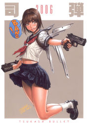 1girl 2006 artist_name black_footwear blush bracelet briefcase brown_eyes brown_hair buruma cameltoe dated female_focus flat_chest grin gun highres holding holding_briefcase holding_gun holding_weapon jewelry midriff neckerchief pleated_skirt school_briefcase school_uniform serafuku short_hair short_sleeves skirt smile solo speech_bubble tsukasa_jun weapon wings
