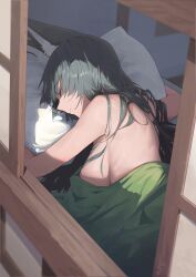 1girl absurdres animal_ears bed black_hair breasts closed_eyes closed_mouth commentary english_commentary fox_ears fox_girl from_outside highres hoshimi_miyabi hwan_(verypoor) indoors large_breasts long_hair lying nude on_stomach open_window pillow sleeping solo under_covers window zenless_zone_zero