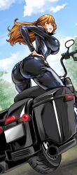 1girl ass biker_clothes bikesuit bodysuit breasts brown_eyes brown_hair curvy day highres itachou large_breasts long_hair lupin_iii mine_fujiko motor_vehicle motorcycle open_mouth skin_tight sky smile solo wide_hips