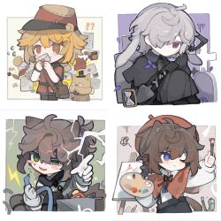 !? 4boys :t ahoge andrew_kreiss animal_ears art_brush bag beret black_capelet black_coat black_footwear black_gloves black_headwear black_pants blonde_hair blush border bow brown_bag brown_hair canvas_(object) capelet cat_ears cat_tail chain checkerboard_cookie chibi chinese_commentary closed_mouth coat collared_shirt colored_eyelashes commentary_request cookie covering_own_mouth cross cross_scar crying crying_with_eyes_open dog drill_hair drill_ponytail edgar_valden electricity envelope expressionless facial_scar falling_petals fang flower flying_sweatdrops food gloves grave graveyard green_background green_eyes green_neckerchief grey_background grey_hair grey_shirt hair_between_eyes hair_bow hair_over_one_eye half-closed_eye hat highres holding holding_envelope holding_letter holding_paint_palette holding_paintbrush holding_paint_palette holding_shovel hourglass identity_v iris_(flower) knees_up leaf letter lightning lightning_bolt_symbol long_coat long_sleeves lop_rabbit_ears luca_balsa male_focus maple_leaf medium_hair messy_hair multicolored_background multicolored_shirt multiple_boys neck_ribbon neckerchief one_eye_closed open_mouth orange_eyes outside_border paint_palette paint_tube paintbrush paint_palette pants paper pencil petals pointing pointing_at_viewer ponytail purple_background purple_flower rabbit_ears red_bow red_capelet red_eyes red_headwear red_ribbon red_shirt ribbon satchel scar scar_on_cheek scar_on_face scar_on_nose shirt short_hair short_sleeves shoulder_bag shovel simple_background single_tear sitting skin_fang smile sparks squiggle stitched_mouth stitches striped_clothes striped_shirt suspenders symbol-shaped_pupils tail tears tombstone top_hat victor_grantz wax_seal white_background white_border white_gloves white_shirt wick_(identity_v) wire x-shaped_pupils zao_li_(alilililioxo)