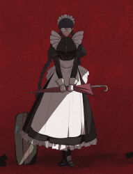 absurdres apron black_dress black_hair black_lagoon braid closed_umbrella commentary_request dress full_body glasses highres holding holding_umbrella juliet_sleeves long_sleeves maid mary_janes puffy_sleeves red_background roberta_(black_lagoon) round_eyewear sankon_(choko-noki) shoes twin_braids umbrella white_apron