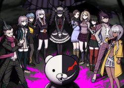 3boys 6+girls absurdres ahoge ai_the_somnium_files akamatsu_kaede backpack bag bandaged_arm bandages black_footwear black_thighhighs blonde_hair blood blue_dress blue_hair bonnet boots braid brown_necktie brown_skirt celestia_ludenberg checkered_clothes checkered_scarf claw_ring collared_shirt commission danganronpa:_trigger_happy_havoc danganronpa_(series) danganronpa_2:_goodbye_despair danganronpa_v3:_killing_harmony dark-skinned_female dark_skin dress drill_hair eighth_note fortissimo frilled_jacket frills fulltimeangel13 galaga gothic_lolita hair_ornament harukawa_maki highres jacket jewelry kirigiri_kyoko kyokugen_dasshutsu kyokugen_dasshutsu:_9_jikan_9_nin_9_no_tobira layered_skirt lolita_fashion long_sleeves medium_hair momota_kaito monokuma multiple_boys multiple_girls kurashiki_akane musical_note musical_note_hair_ornament musical_note_print nanami_chiaki navel_piercing neck_ribbon necklace necktie okiura_mizuki open_clothes orange_jacket orange_necktie pants piercing pink_blood pink_pants pink_ribbon pink_scarf pink_sweater_vest pink_vest print_necktie purple_eyes purple_hair purple_jacket purple_scarf purple_skirt red_necktie ribbon scarf shell shell_necklace shirt side_braid sixteenth_note skirt spaceship_hair_ornament striped_clothes striped_jacket sweater_vest tanaka_gundham thighhighs twin_drills twintails two-tone_shirt vest white_shirt yonaga_angie