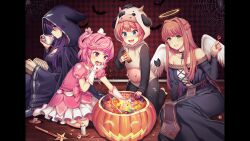3girls angel animal_costume animal_print arm_support barefoot bat_(animal) black_cape black_dress blue_eyes blush book bow bowtie braid breasts brown_hair candle candy candy_bar candy_corn cape cat_print checkered_wall cleavage collarbone commentary cow_costume cow_hood cup dark doki_doki_literature_club doki_doki_literature_club dot_nose double-parted_bangs dress drooling earrings eating english_commentary eyeball eyebrows_hidden_by_hair fake_halo fake_wings feathered_wings fingernails food from_side full_body furrowed_brow game_cg gloves glutton green_eyes grin hair_between_eyes hair_intakes hair_ornament half_up_braid halloween halo highres holding holding_book holding_candy holding_food holding_lollipop hood hooded_dress hoodie indoors jack-o&#039;-lantern jewelry kneeling large_breasts lollipop long_dress long_eyelashes long_hair long_sidelocks long_sleeves looking_at_viewer looking_to_the_side magical_girl medium_breasts monika_(doki_doki_literature_club) mouth_drool multiple_girls natsuki_(doki_doki_literature_club) non-web_source off-shoulder_dress off_shoulder official_art on_floor onesie open_book parted_bangs pelvic_curtain pink_bow pink_eyes pink_hair pleated_skirt profile promotional_art puffy_short_sleeves puffy_sleeves purple_hair purple_nails raised_eyebrows red_wings sash satchely sayori_(doki_doki_literature_club) shaded_face short_hair short_sleeves shy sidelocks silk sitting skirt sleeves_past_wrists small_breasts smile spider_web star_(symbol) star_hair_ornament star_wand straight-on strapless strapless_dress swept_bangs teacup teeth thick_eyelashes two_side_up udder upper_teeth_only v-shaped_eyebrows very_long_hair waist_bow waist_sash wand white_bow white_bowtie white_gloves wide-eyed wide_sleeves wings witch wooden_floor yokozuwari yuri_(doki_doki_literature_club)
