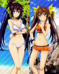 10s 2girls absurdres bare_shoulders beach bikini blue_sky blush bracelet breast_hold breasts brown_hair cleavage day fixed green_eyes grin groin hand_on_own_hip hashimoto_takayoshi highres huang_lingyin infinite_stratos jewelry knees long_hair medium_breasts multiple_girls navel ocean official_art outdoors ponytail purple_eyes purple_hair scan shinonono_houki sky smile split_ponytail swimsuit tankini thigh_gap thighs twintails very_long_hair white_bikini wristband