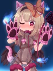 1boy 1girl animal_collar animal_hair_ornament animal_hands belt black_hairband black_wings blush bodysuit breasts checkered_ribbon collar covered_erect_nipples dark_feather_alma emil_chronicle_online fake_tail fireball gloves hair_ribbon hairband heart heart-shaped_pupils highres leash loli multiple_belts nose_blush one_eye_closed paw_gloves pointy_ears ribbon rna0 see-through_bodysuit see-through_clothes small_breasts symbol-shaped_pupils tail wings
