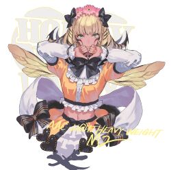 1girl arthropod_girl bee_girl bee_wings black_bow black_bowtie blonde_hair blue_eyes bow bowtie cropped_torso double_thumbs_down ebira facial_mark final_fantasy final_fantasy_xiv flower frilled_shirt frills hair_bow hair_flower hair_ornament heart heart_hands highres honey_b._lovely hyur insect_girl insect_wings looking_at_viewer medium_hair multicolored_hair nail_polish navel own_hands_together shirt skirt smile solo striped_bow thumbs_down thumbs_down_heart_hands two-tone_hair upper_body white_background wings yellow_nails yellow_shirt yellow_skirt yellow_wings