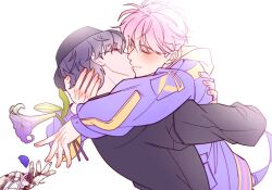 1other 2boys ankko0823 arms_around_neck black_hat black_jacket blood blood_on_hands blue_jacket blush closed_eyes couple falling_petals flower glasses hat highres holding holding_flower hood hood_down hoodie hug jacket kiss li_tianchen liu_xiao long_sleeves male_focus morning_glory multiple_boys petals pink_hair purple_flower purple_hair shiguang_dailiren shirt short_hair simple_background smile upper_body white_background yaoi yellow_hoodie