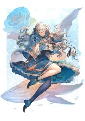 1girl animal_background ankle_socks arm_at_side black_shirt blue_eyes blue_flower blue_nails blue_ribbon blue_rose blue_shoes blue_skirt blue_socks blue_thighhighs closed_mouth commission floating_hair floral_background flower full_body glasses green_sailor_collar grey_hair hair_ribbon hand_up highres long_hair long_sleeves looking_at_viewer mole mole_under_mouth nail_polish original petals ribbon rose round_eyewear sailor_collar sailor_shirt shirt shirt_under_shirt shoes shukei single_thighhigh skirt socks solo star-shaped_pupils star_(symbol) symbol-shaped_pupils thighhighs whale white_shirt