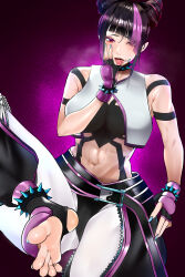 1girl absurdres barefoot black_hair feet fingerless_gloves gloves hair_horns hair_over_one_eye han_juri highres jitome_no_tsugumi long_hair looking_at_viewer multicolored_hair red_eyes soles steam stirrup_legwear streaked_hair street_fighter toeless_legwear toes tongue tongue_out