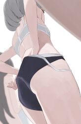 Rule 34 | 2girls, ass, black one-piece swimsuit, black school swimsuit, blush, bra, breasts, brown hair, from behind, from below, grey hair, hiroki (yyqw7151), holding, holding towel, long hair, multiple girls, nude, one-piece swimsuit, original, school swimsuit, short hair, small breasts, standing, swimsuit, towel, underwear, undressing, white background, white bra