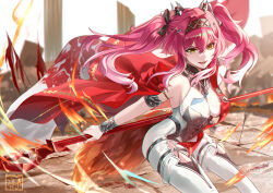 1girl absurdres armlet armor bare_shoulders black_bow bodysuit bow breastplate breasts collar commentary hair_between_eyes hair_bow hair_ornament hairband highres holding holding_polearm holding_weapon jewelry large_breasts long_hair looking_at_viewer lupa_(wuthering_waves) metal_collar metal_hairband multiple_hair_bows open_mouth pink_hair polearm red_pupils smile solo watermark weapon white_bodysuit whyte_srsn wrist_guards wuthering_waves yellow_eyes
