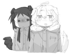 2girls animal_ears black_eyes black_hair black_tail chito_(shoujo_shuumatsu_ryokou) closed_mouth hair_between_eyes happy kemonomimi_mode military_uniform multiple_girls open_mouth shoujo_shuumatsu_ryokou tail upper_body white_background white_hair white_tail yungga09 yuuri_(shoujo_shuumatsu_ryokou)