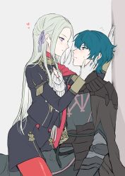 Rule 34 | 1boy, 1girl, against wall, arm guards, artist request, bad id, bad pixiv id, black coat, blonde hair, blue eyes, capelet, center opening, closed mouth, coat, coat on shoulders, couple, edelgard von hresvelg, fire emblem, fire emblem: three houses, flying sweatdrops, from side, garreg mach monastery uniform, girl on top, gloves, grey background, grey hair, hair between eyes, hair ribbon, hands on another&#039;s cheeks, hands on another&#039;s face, heart, hetero, highres, indoors, leaning back, leaning forward, light blush, long hair, long sleeves, looking at another, looking down, male byleth (fire emblem), nintendo, pantyhose, parted bangs, purple eyes, purple ribbon, red capelet, red pantyhose, ribbon, shade, short hair, sitting, sitting on person, sweatdrop, white gloves