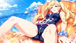 1girl :o ahoge bare_shoulders blonde_hair blue_eyes blue_ribbon blue_scrunchie blue_sky blush breasts camel cloud cum cum_on_body cum_on_breasts cum_on_clothes cum_on_pussy cum_on_stomach cum_on_upper_body day drooling dutch_angle facial feet_out_of_frame fingernails floating_hair furrowed_brow game_cg grisaia_(series) grisaia_no_kajitsu hair_flaps hair_ribbon half-closed_eyes highres light_rays long_eyelashes long_fingernails long_hair lying matsushima_michiru medium_breasts narrowed_eyes non-web_source ocean on_back open_mouth outdoors raised_inner_eyebrows reclining ribbon school_swimsuit scrunchie sidelocks skindentation sky solo sparkling_eyes splashing spread_legs sunbeam sunlight swimsuit teeth thick_eyelashes thighs three_quarter_view twintails upper_teeth_only watanabe_akio water wrist_scrunchie