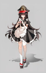 Rule 34 | 1girl, absurdres, alternate costume, apron, black dress, black hair, black hat, dress, enmaided, fate/grand order, fate (series), full body, hands up, hat, heart, heart hands, highres, kneehighs, long hair, looking at viewer, maid, maid apron, oda nobunaga (fate), oda nobunaga (koha-ace), peaked cap, puffy short sleeves, puffy sleeves, red eyes, shaded face, short sleeves, simple background, socks, solo, white apron, white socks, xixing chun