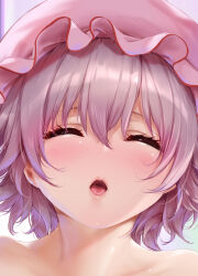 1girl absurdres close-up closed_eyes commission hat highres kiss lips medium_hair mob_cap nironiro open_mouth petite pink_hat pixiv_commission purple_hair red_eyes remilia_scarlet touhou