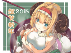 1girl alice_margatroid animal_ears blonde_hair blue_eyes blush bowl chopsticks fake_animal_ears female_focus food hairband happy_new_year horns in_food mini_person minigirl new_year oukawa_yuu sheep_horns solo tears touhou