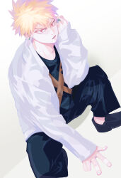 1boy bakugou_katsuki black_pants blonde_hair boku_no_hero_academia commentary_request earrings highres jewelry long_sleeves looking_at_viewer male_focus pants short_hair simple_background sitting solo spiked_hair unou_(unou_mha) white_background