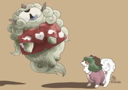 Rule 34 | brown background, collared shirt, commentary request, dog, full body, green hair, jumping, kasodani kyouko, kasodani kyouko (yamabiko), komano aunn, komano aunn (komainu), no humans, onikobe rin, open mouth, purple shirt, red shirt, shirt, simple background, touhou
