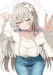 Rule 34 | 1girl, absurdres, adversarial noise, alternate costume, angel wings, bare shoulders, blue archive, blue pants, blush, braid, breasts, brown hair, casual, closed mouth, collarbone, commentary, cowboy shot, crown braid, denim, feathered wings, flower, hair between eyes, hair flower, hair ornament, halo, hands up, highres, index finger raised, jeans, large breasts, leaning forward, long hair, long sleeves, looking at viewer, nagisa (blue archive), off-shoulder sweater, off shoulder, pants, pink flower, pink halo, ribbed sweater, simple background, sleeves past wrists, solo, standing, sweatdrop, sweater, sweater tucked in, twitter username, very long hair, watermark, white background, white flower, white sweater, white wings, wings, yamano rokamizu